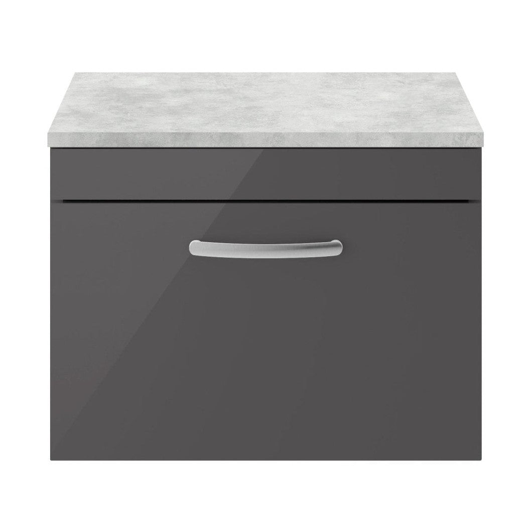 Nuie Athena 600mm Wall Hung Cabinet With Grey Worktop Contemporary Gloss Grey MFC Painted Gloss 452x605x390mm - JJ Building Materials