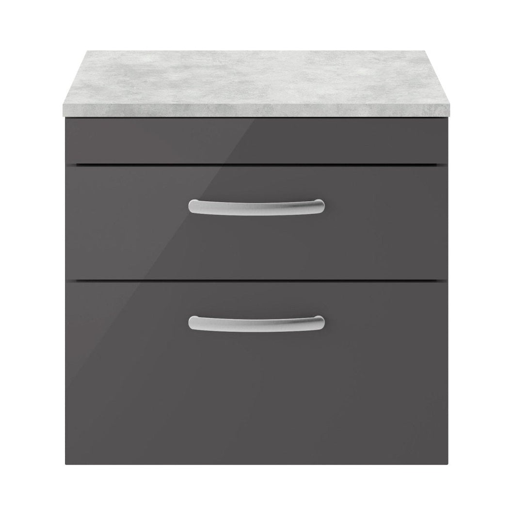 Nuie Athena 600mm Wall Hung Cabinet With Grey Worktop Contemporary Gloss Grey MFC Painted Gloss 578x605x390mm - JJ Building Materials