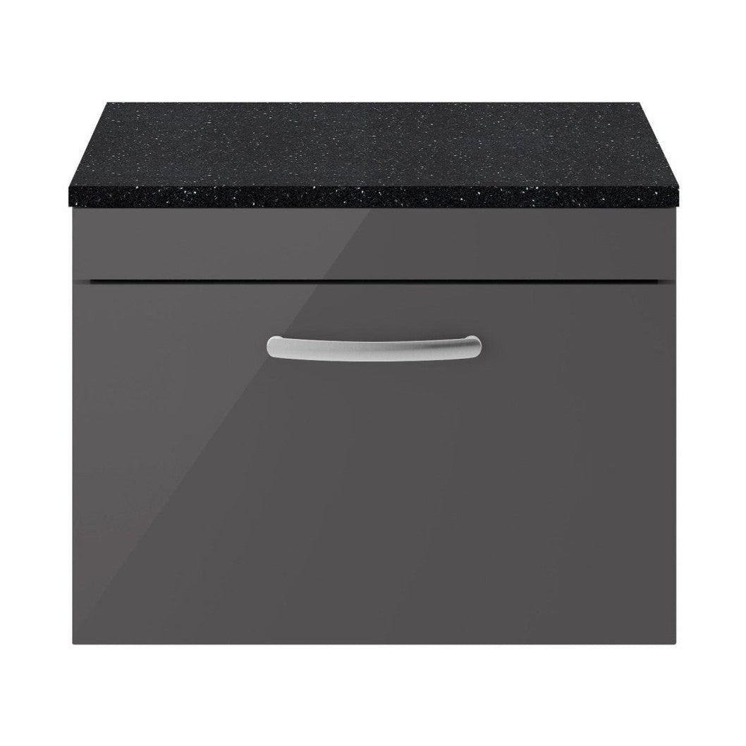 Nuie Athena 600mm Wall Hung Cabinet With Sparkling Black Worktop Contemporary Gloss Grey MFC Painted Gloss 452x605x390mm - ATH077LSB - JJ Building Materials