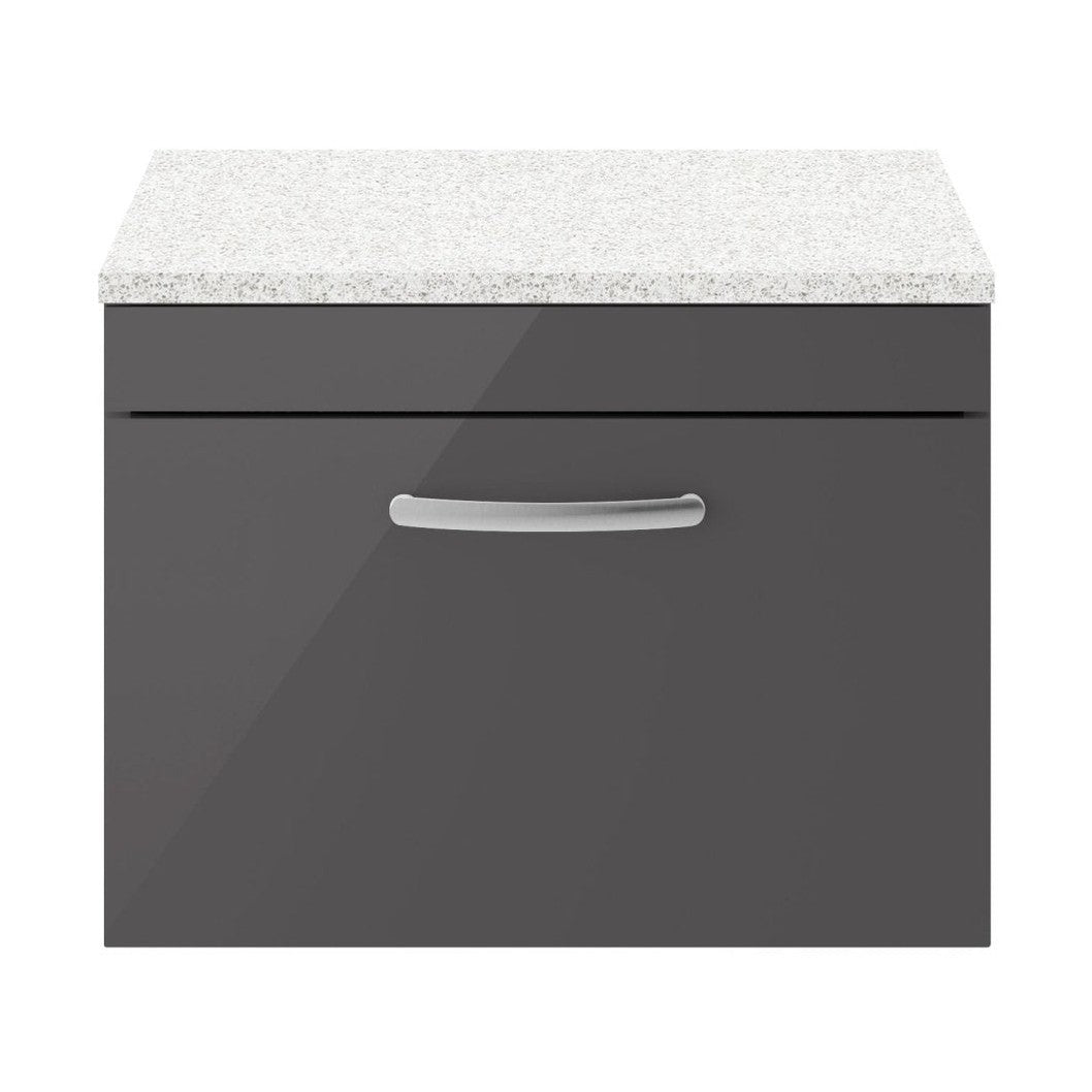 Nuie Athena 600mm Wall Hung Cabinet With Sparkling White Worktop Contemporary Gloss Grey MFC Painted Gloss 452x605x390mm - ATH077LSW - JJ Building Materials