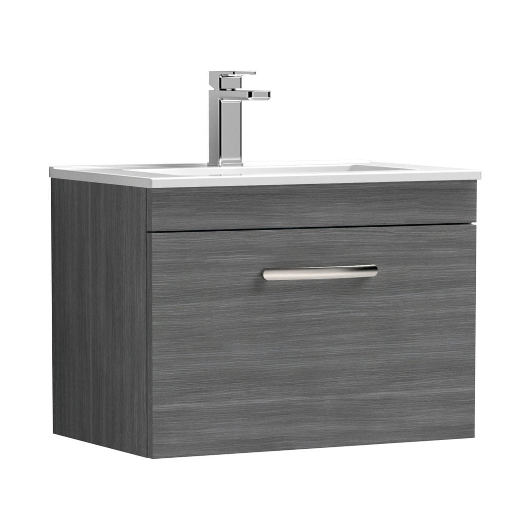 Nuie Athena 600mm Wall Hung Vanity With Basin 2 Contemporary Anthracite Woodgrain MFC 448x605x395mm - JJ Building Materials