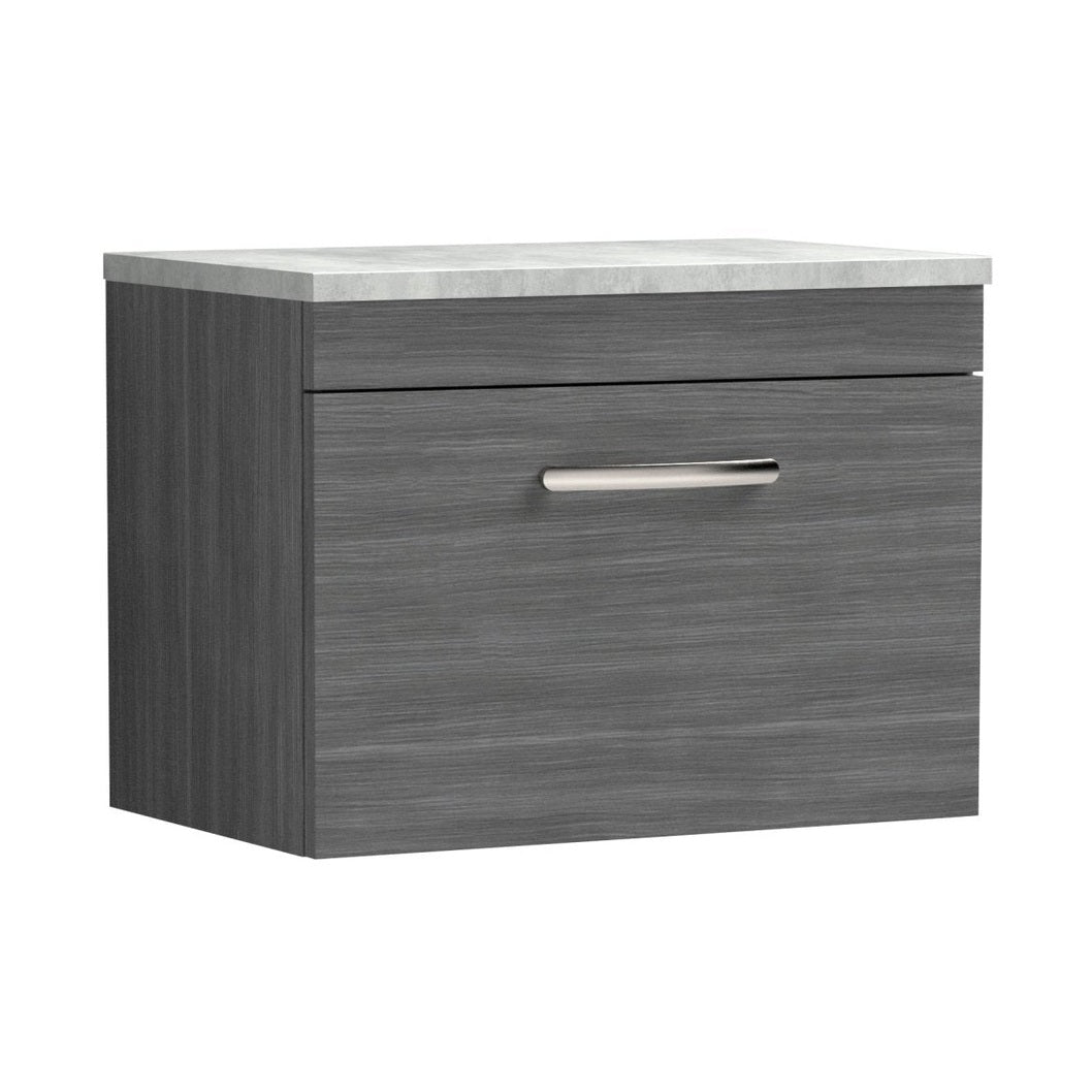 Nuie Athena 600mm Wall Hung Vanity With Grey Worktop Contemporary Anthracite Woodgrain MFC Textured Woodgrain 452x605x390mm - JJ Building Materials