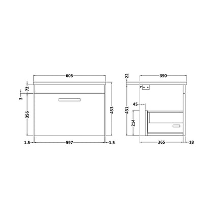 Nuie Athena 600mm Wall Hung Vanity With Grey Worktop Contemporary Anthracite Woodgrain MFC Textured Woodgrain 452x605x390mm - JJ Building Materials