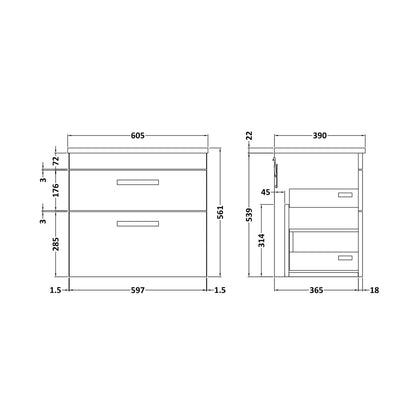 Nuie Athena 600mm Wall Hung Vanity With Grey Worktop Contemporary Anthracite Woodgrain MFC Textured Woodgrain 561x605x390mm - JJ Building Materials