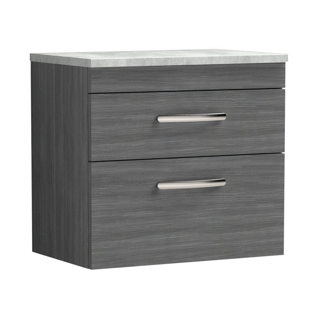 Nuie Athena 600mm Wall Hung Vanity With Grey Worktop Contemporary Anthracite Woodgrain MFC Textured Woodgrain 561x605x390mm - JJ Building Materials