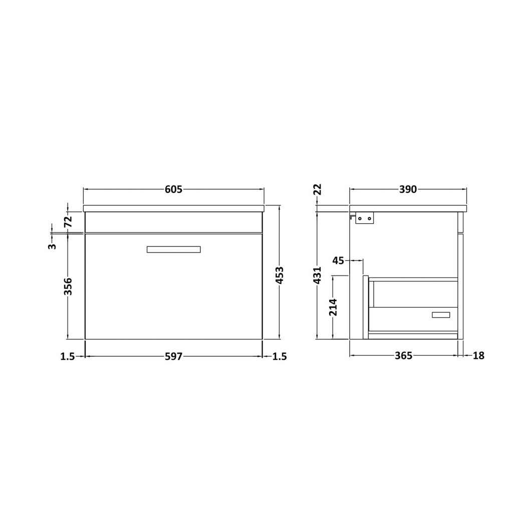 Nuie Athena 600mm Wall Hung Vanity With Grey Worktop Contemporary Charcoal Black MFC Textured Woodgrain 452x605x390mm - JJ Building Materials