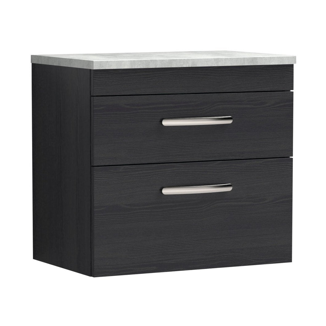 Nuie Athena 600mm Wall Hung Vanity With Grey Worktop Contemporary Charcoal Black MFC Textured Woodgrain 560x605x390mm - JJ Building Materials