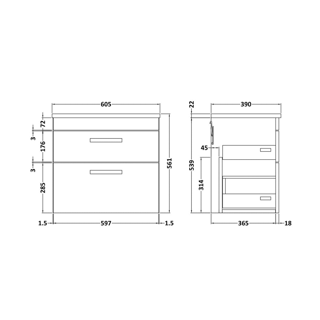 Nuie Athena 600mm Wall Hung Vanity With Grey Worktop Contemporary Charcoal Black MFC Textured Woodgrain 560x605x390mm - JJ Building Materials