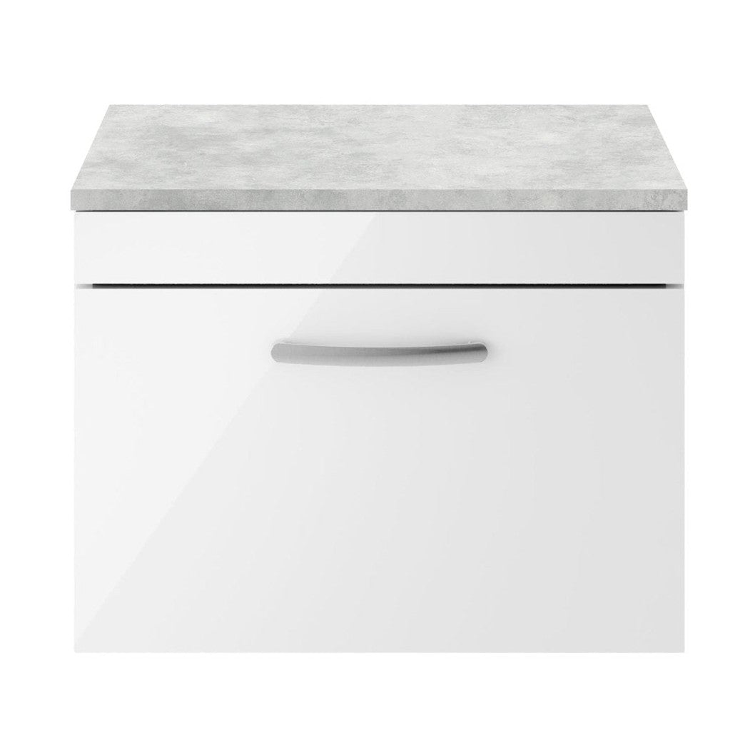 Nuie Athena 600mm Wall Hung Vanity With Grey Worktop Contemporary Gloss White MFC Painted Gloss 452x605x390mm - JJ Building Materials