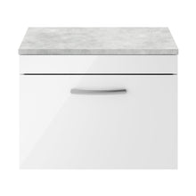 Nuie Athena 600mm Wall Hung Vanity With Grey Worktop Contemporary Gloss White MFC Painted Gloss 452x605x390mm - JJ Building Materials