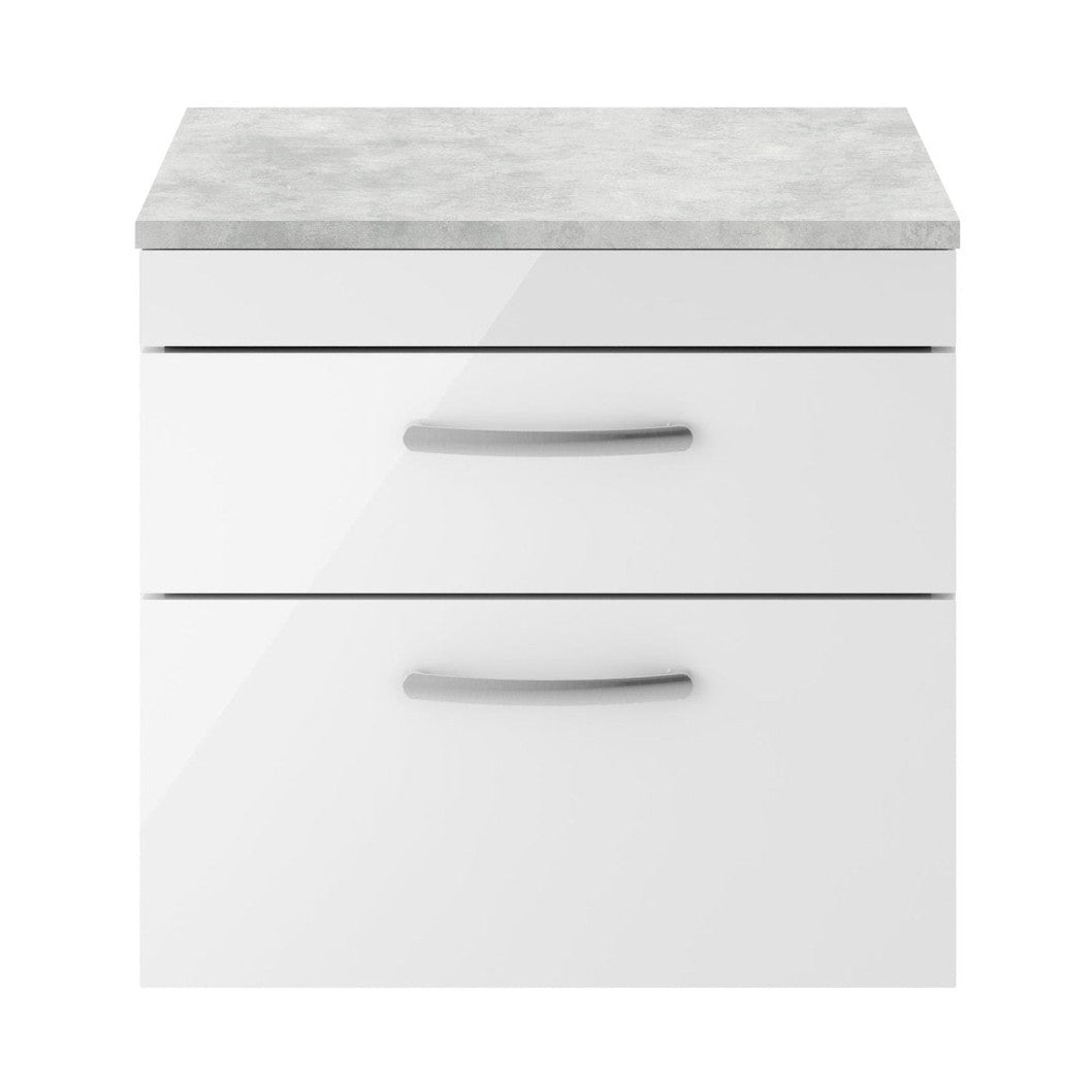 Nuie Athena 600mm Wall Hung Vanity With Grey Worktop Contemporary Gloss White MFC Painted Gloss 560x605x390mm - JJ Building Materials