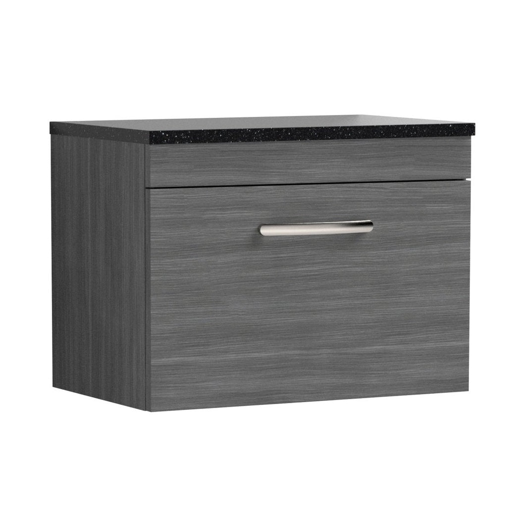 Nuie Athena 600mm Wall Hung Vanity With Sparkling Black Worktop Contemporary Anthracite Woodgrain MFC Textured Woodgrain 452x605x390mm - JJ Building Materials