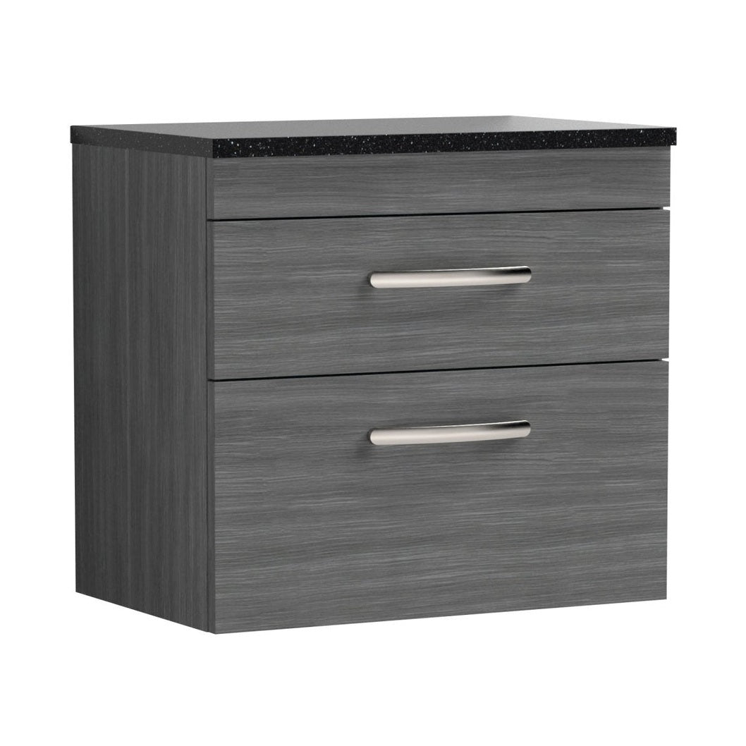 Nuie Athena 600mm Wall Hung Vanity With Sparkling Black Worktop Contemporary Anthracite Woodgrain MFC Textured Woodgrain 560x605x390mm - JJ Building Materials