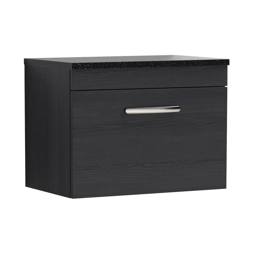 Nuie Athena 600mm Wall Hung Vanity With Sparkling Black Worktop Contemporary Charcoal Black MFC Textured Woodgrain 452x605x390mm - JJ Building Materials