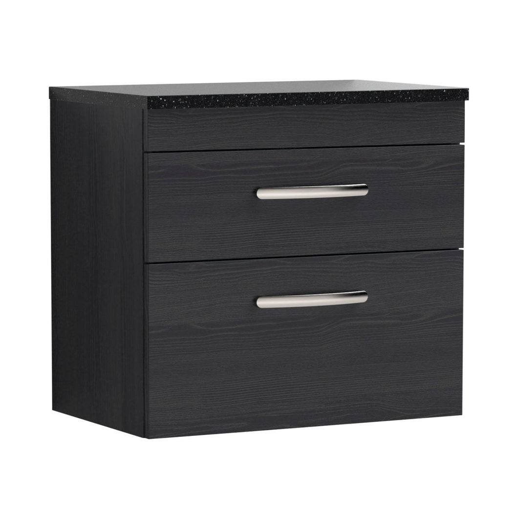 Nuie Athena 600mm Wall Hung Vanity With Sparkling Black Worktop Contemporary Charcoal Black MFC Textured Woodgrain 560x605x390mm - JJ Building Materials