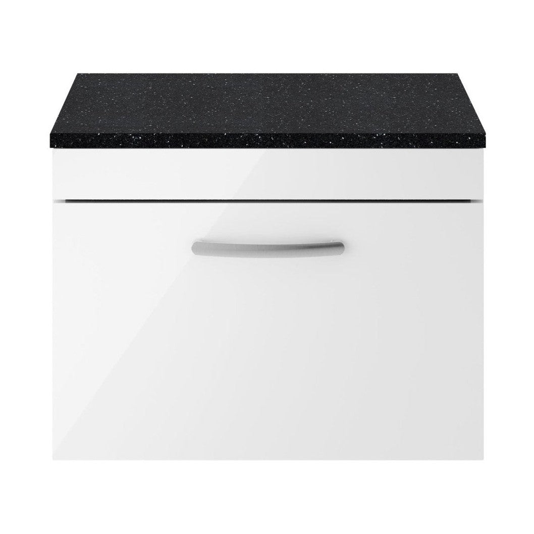 Nuie Athena 600mm Wall Hung Vanity With Sparkling Black Worktop Contemporary Gloss White MFC Painted Gloss 452x605x390mm - JJ Building Materials