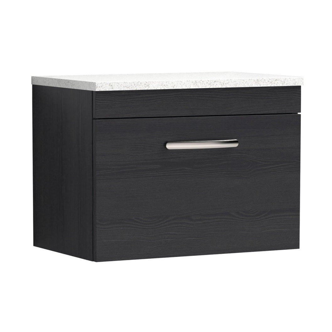 Nuie Athena 600mm Wall Hung Vanity With Sparkling White Worktop Contemporary Charcoal Black MFC Textured Woodgrain 452x605x390mm - JJ Building Materials
