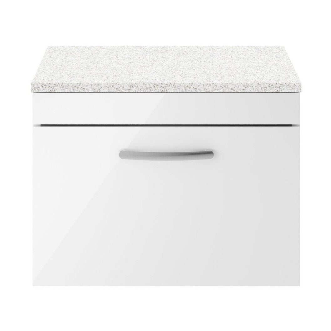 Nuie Athena 600mm Wall Hung Vanity With Sparkling White Worktop Contemporary Gloss White MFC Painted Gloss 452x605x390mm - JJ Building Materials