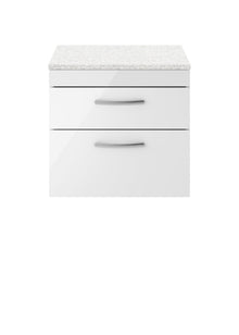 Nuie Athena 600mm Wall Hung Vanity With Sparkling White Worktop Contemporary Gloss White MFC Painted Gloss 560x605x390mm - JJ Building Materials