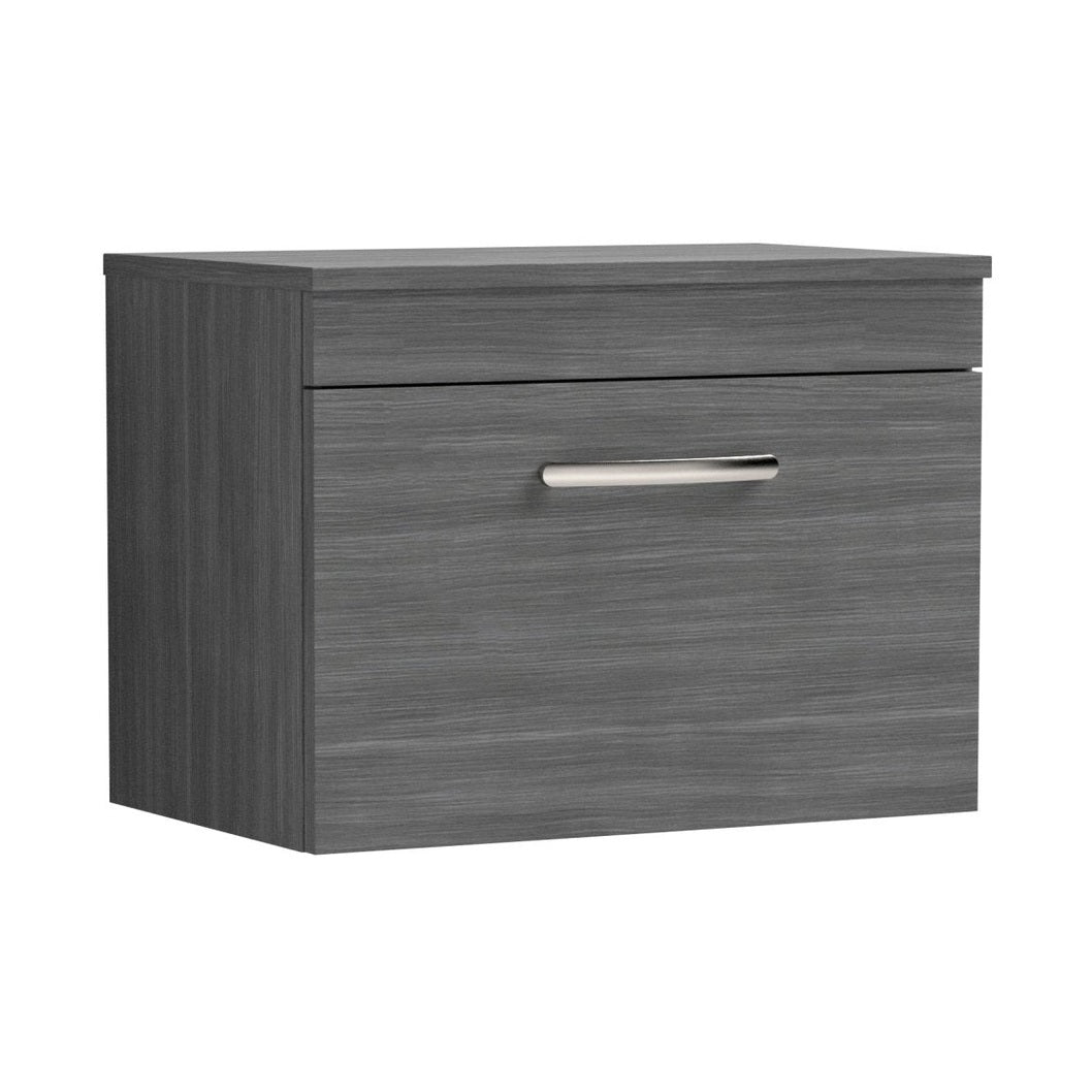 Nuie Athena 600mm Wall Hung Vanity With Worktop Contemporary Anthracite Woodgrain MFC Textured Woodgrain 448x605x390mm - JJ Building Materials