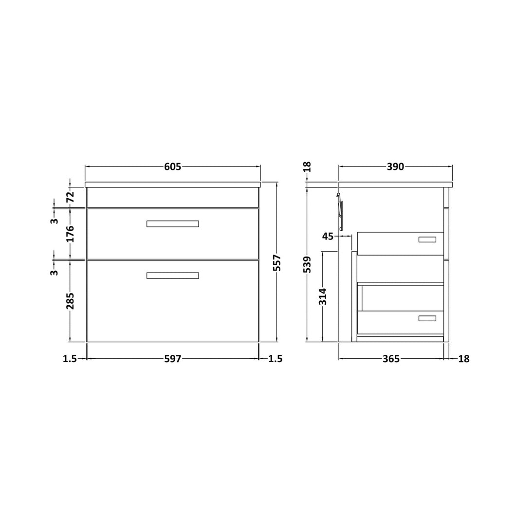 Nuie Athena 600mm Wall Hung Vanity With Worktop Contemporary Anthracite Woodgrain MFC Textured Woodgrain 556x605x390mm - JJ Building Materials