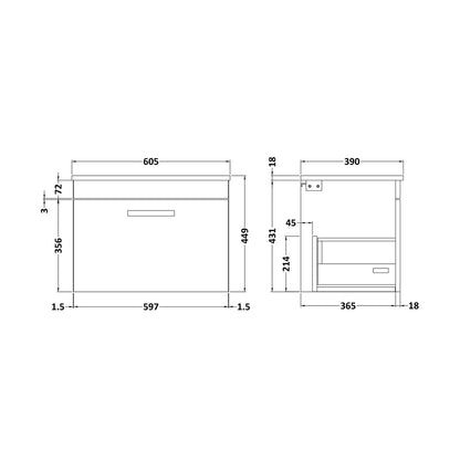 Nuie Athena 600mm Wall Hung Vanity With Worktop Contemporary Charcoal Black MFC Textured Woodgrain 448x605x390mm - JJ Building Materials