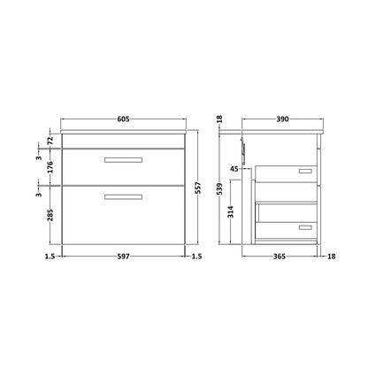 Nuie Athena 600mm Wall Hung Vanity With Worktop Contemporary Charcoal Black MFC Textured Woodgrain 556x605x390mm - JJ Building Materials