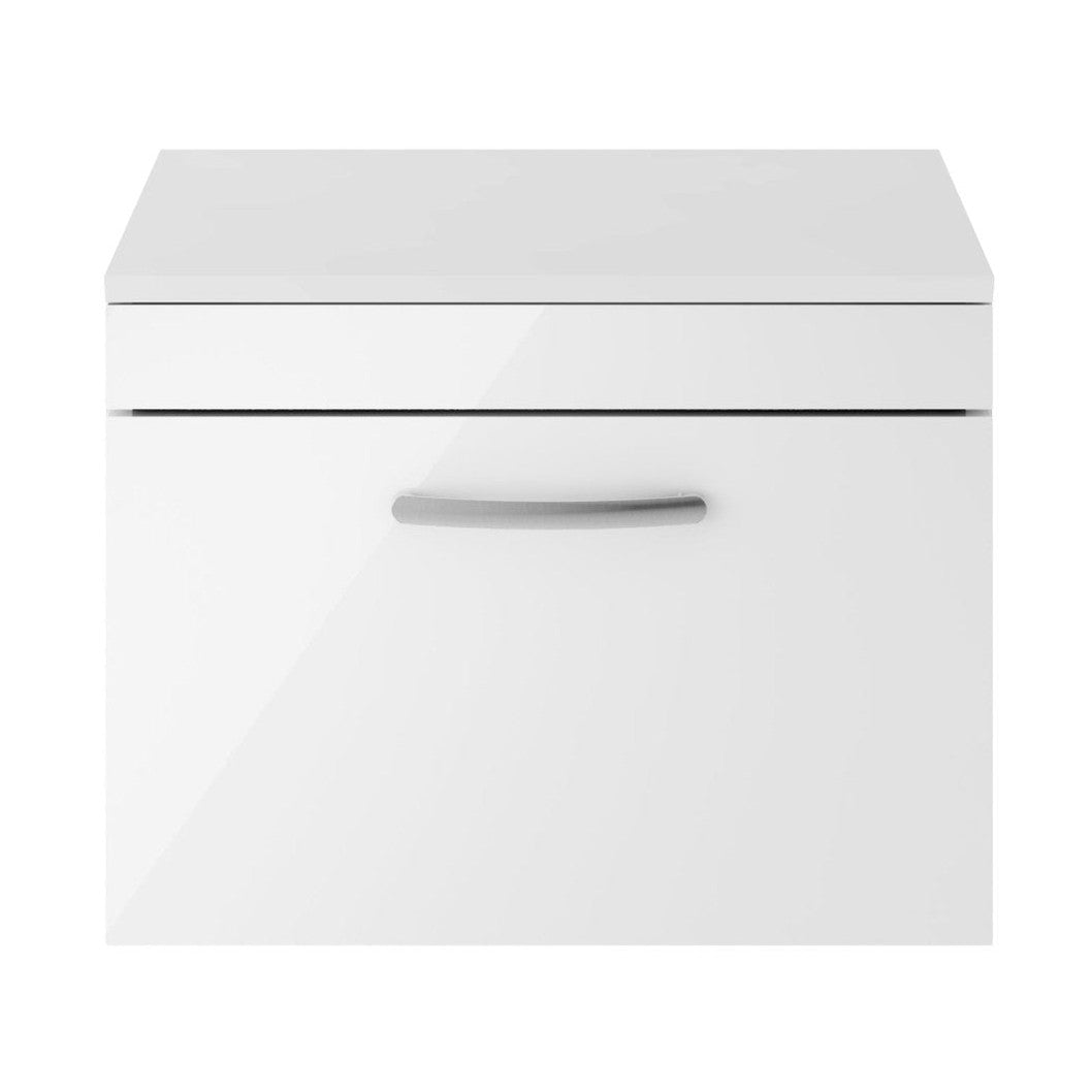 Nuie Athena 600mm Wall Hung Vanity With Worktop Contemporary Gloss White MFC Painted Gloss 448x605x390mm - JJ Building Materials
