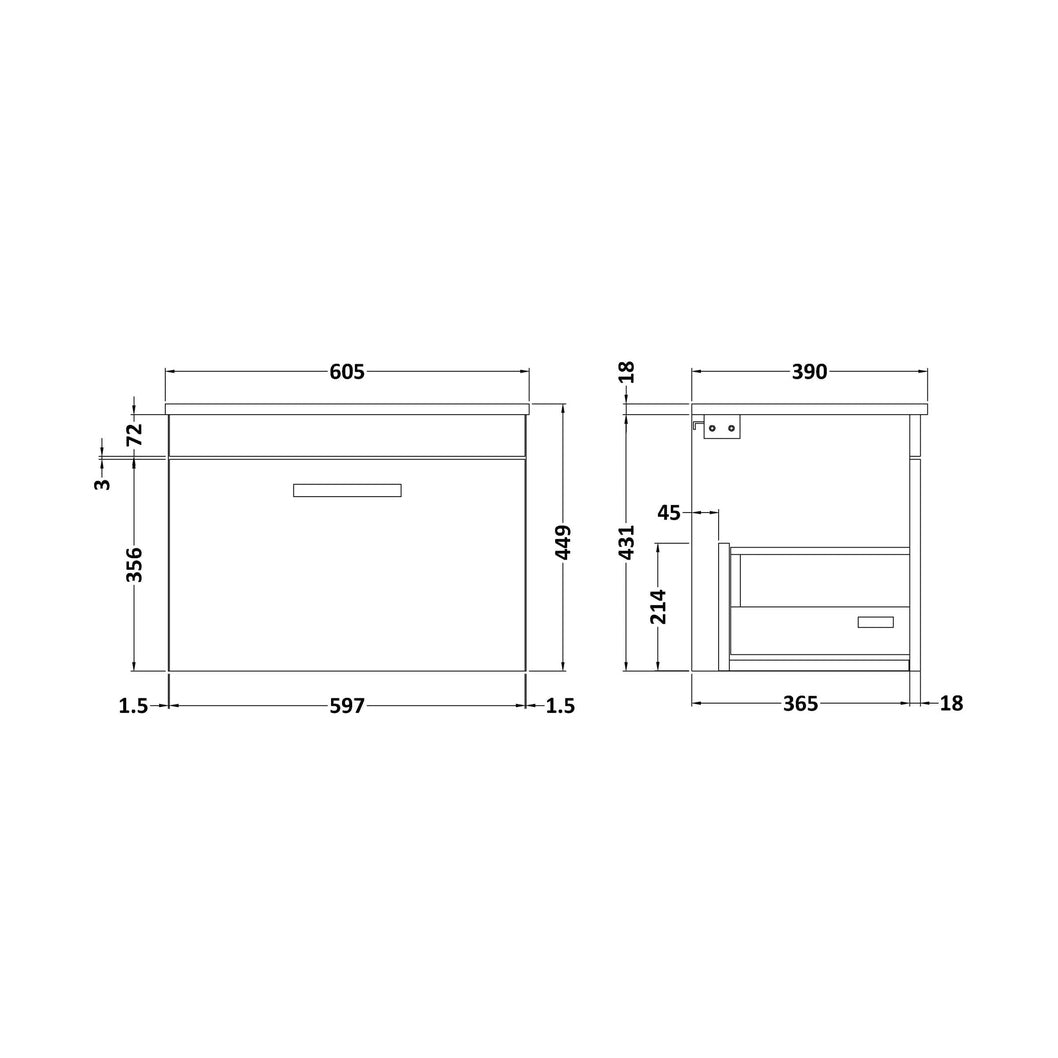Nuie Athena 600mm Wall Hung Vanity With Worktop Contemporary Gloss White MFC Painted Gloss 448x605x390mm - JJ Building Materials