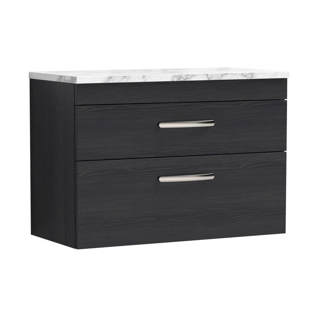 Nuie Athena 800 Wall Hung 2-drawer Unit & Laminate Worktop Contemporary Charcoal Black MFC Textured Woodgrain 560x805x390mm - JJ Building Materials