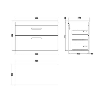 Nuie Athena 800 Wall Hung 2-drawer Unit & Laminate Worktop Contemporary Gloss Grey MFC Painted Gloss 560x805x390mm - JJ Building Materials