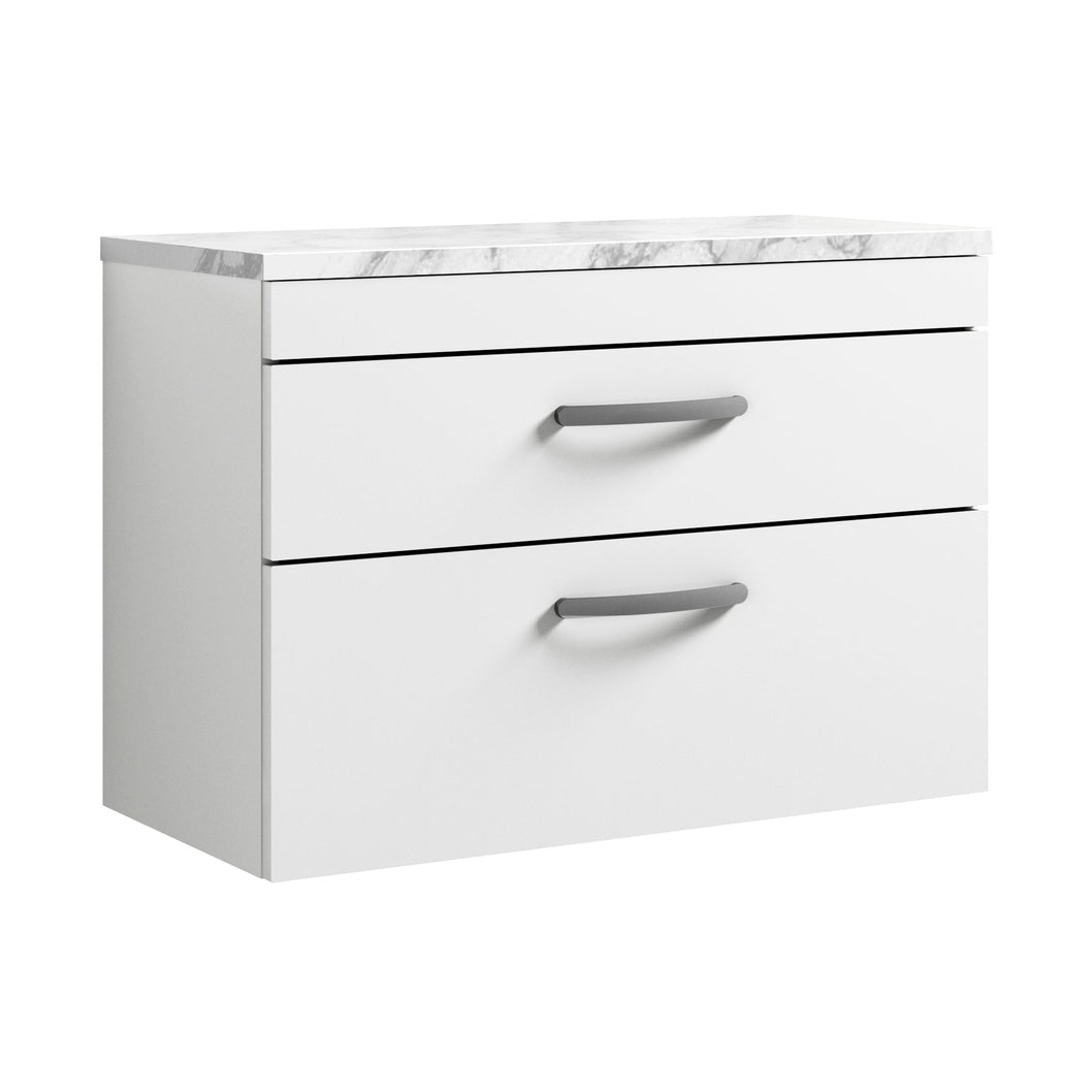Nuie Athena 800 Wall Hung 2-drawer Unit & Laminate Worktop Contemporary Gloss White MFC Painted Gloss 560x805x390mm - JJ Building Materials