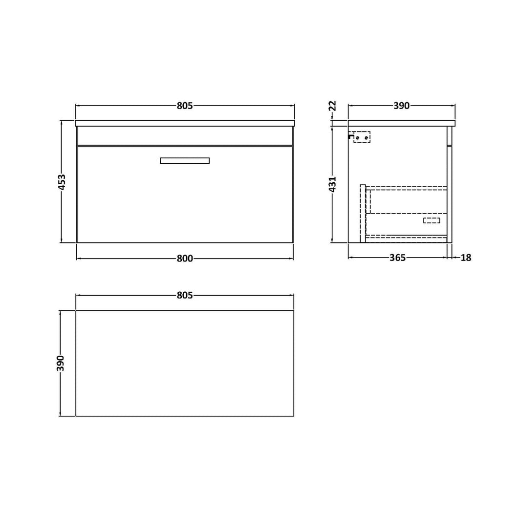 Nuie Athena 800 Wall Hung Single Drawer Unit & Laminate Worktop Contemporary Anthracite Woodgrain MFC Textured Woodgrain 560x805x390mm - JJ Building Materials