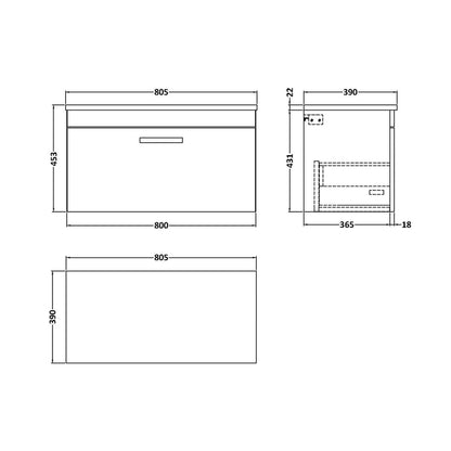 Nuie Athena 800 Wall Hung Single Drawer Unit & Laminate Worktop Contemporary Anthracite Woodgrain MFC Textured Woodgrain 560x805x390mm - JJ Building Materials