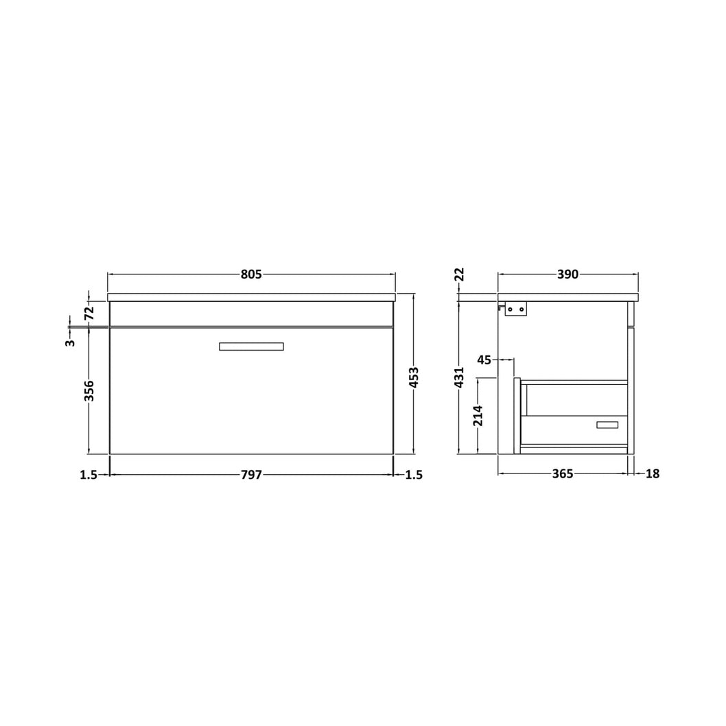 Nuie Athena 800mm Wall Hung Cabinet With Grey Worktop Contemporary Gloss Grey MFC Painted Gloss 452x805x390mm - JJ Building Materials
