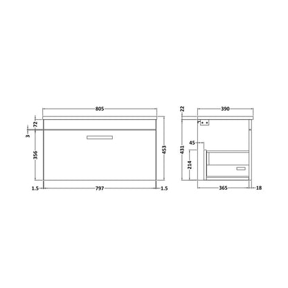 Nuie Athena 800mm Wall Hung Cabinet With Grey Worktop Contemporary Gloss Grey MFC Painted Gloss 452x805x390mm - JJ Building Materials