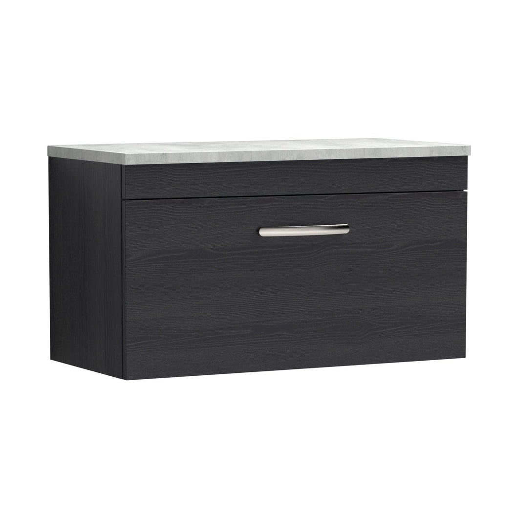 Nuie Athena 800mm Wall Hung Vanity With Grey Worktop Contemporary Charcoal Black MFC Textured Woodgrain 452x805x390mm - JJ Building Materials