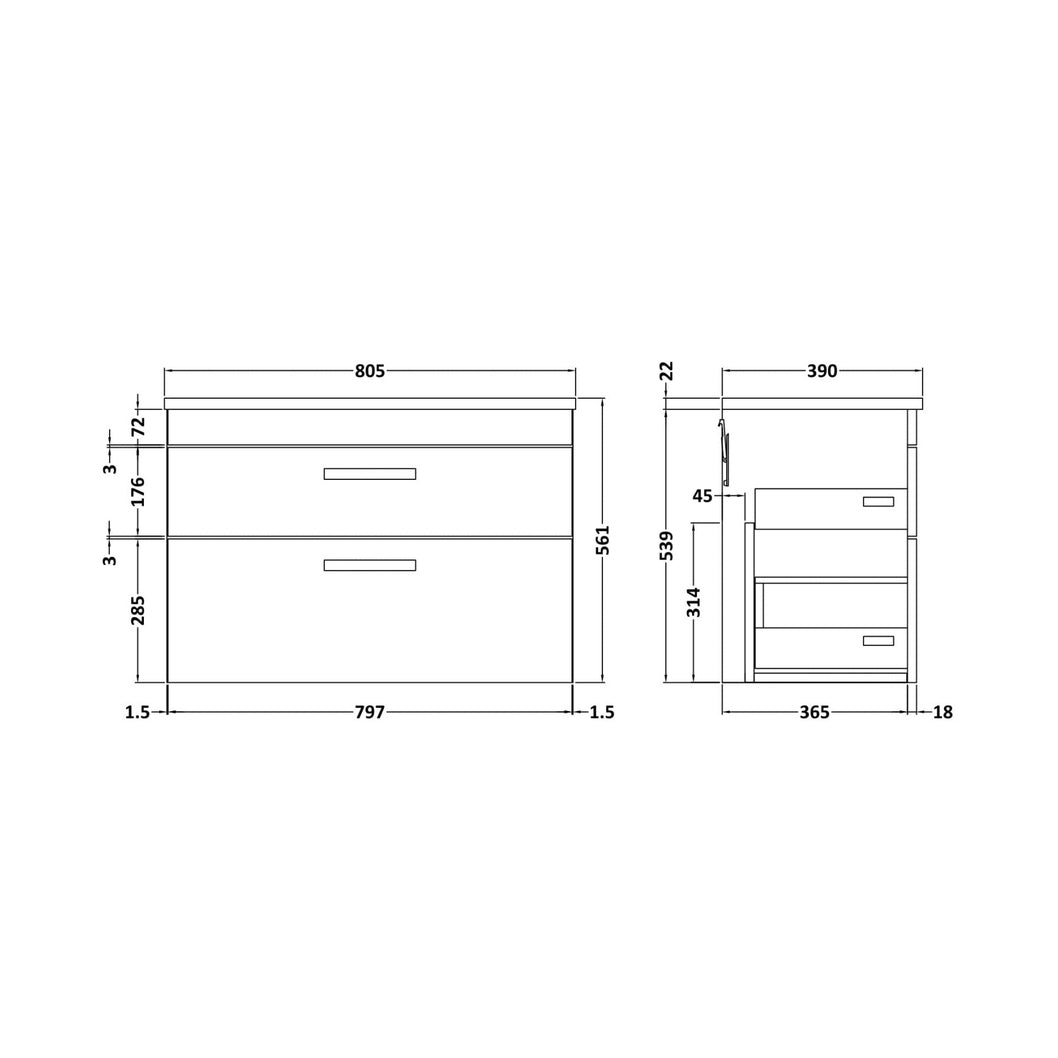 Nuie Athena 800mm Wall Hung Vanity With Grey Worktop Contemporary Charcoal Black MFC Textured Woodgrain 560x805x390mm - JJ Building Materials