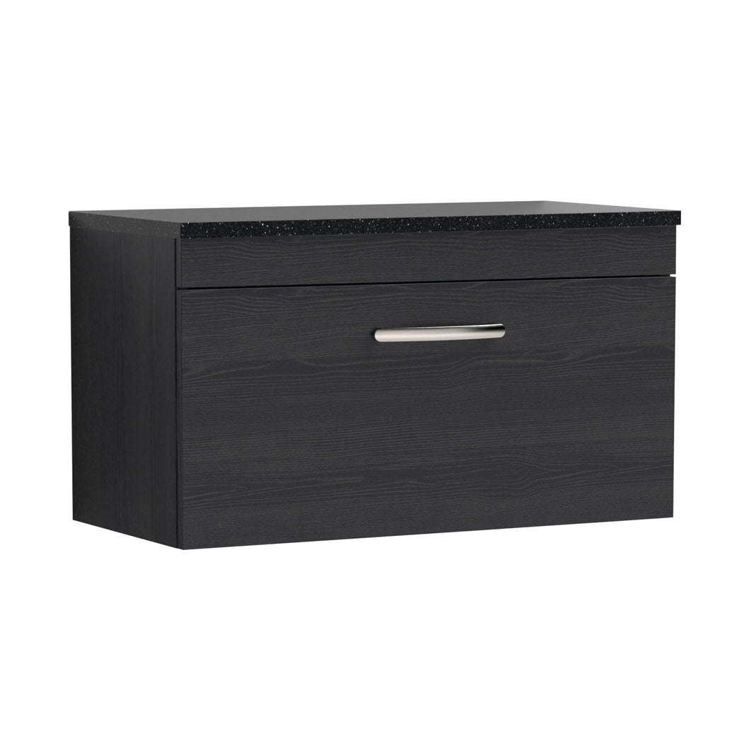 Nuie Athena 800mm Wall Hung Vanity With Sparkling Black Worktop Contemporary Charcoal Black MFC Textured Woodgrain 452x805x390mm - JJ Building Materials