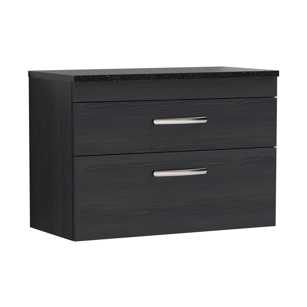Nuie Athena 800mm Wall Hung Vanity With Sparkling Black Worktop Contemporary Charcoal Black MFC Textured Woodgrain 560x805x390mm - JJ Building Materials