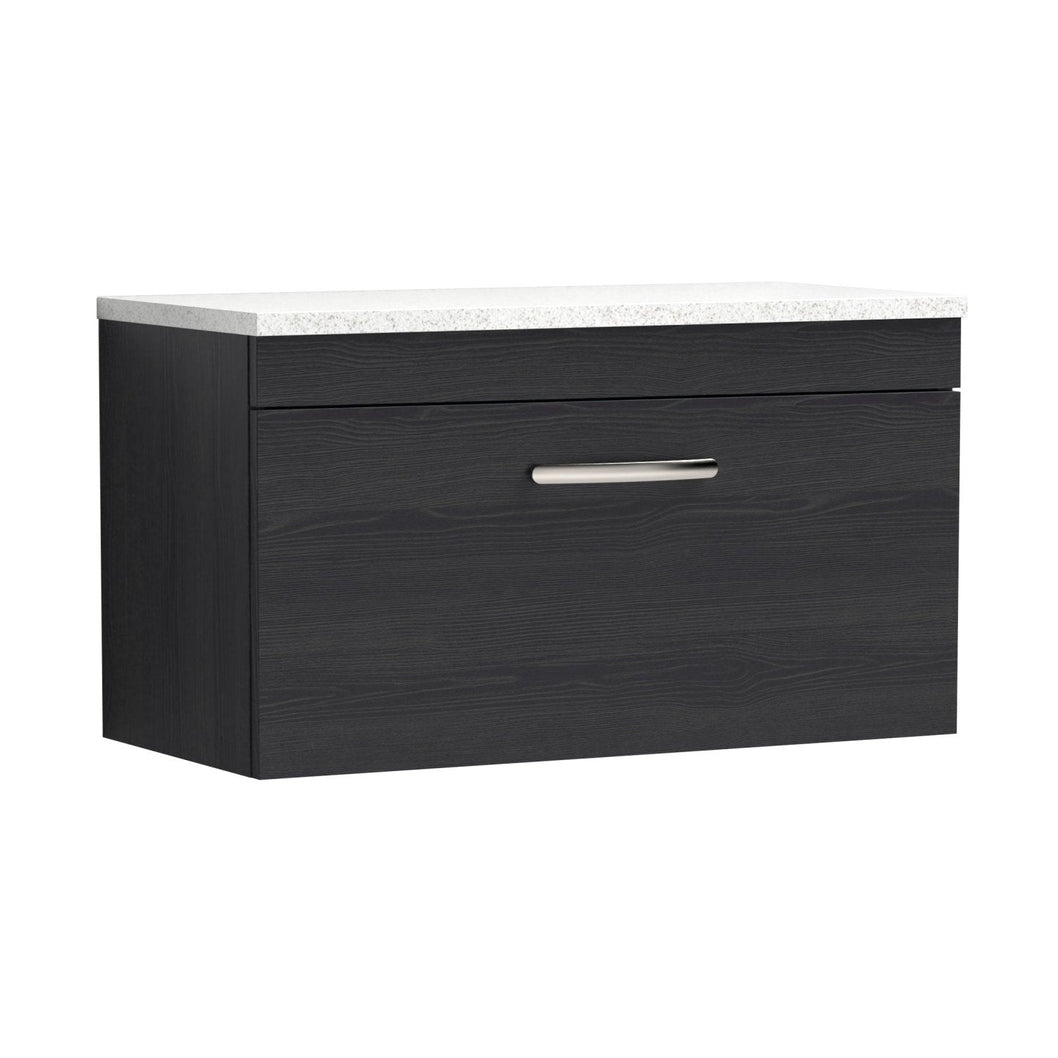 Nuie Athena 800mm Wall Hung Vanity With Sparkling White Worktop Contemporary Charcoal Black MFC Textured Woodgrain 452x805x390mm - JJ Building Materials