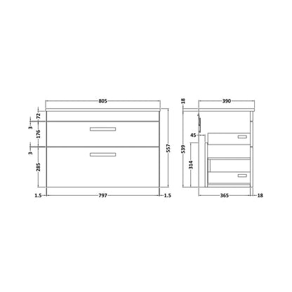 Nuie Athena 800mm Wall Hung Vanity With Worktop Contemporary Anthracite Woodgrain MFC Textured Woodgrain 556x805x390mm - JJ Building Materials