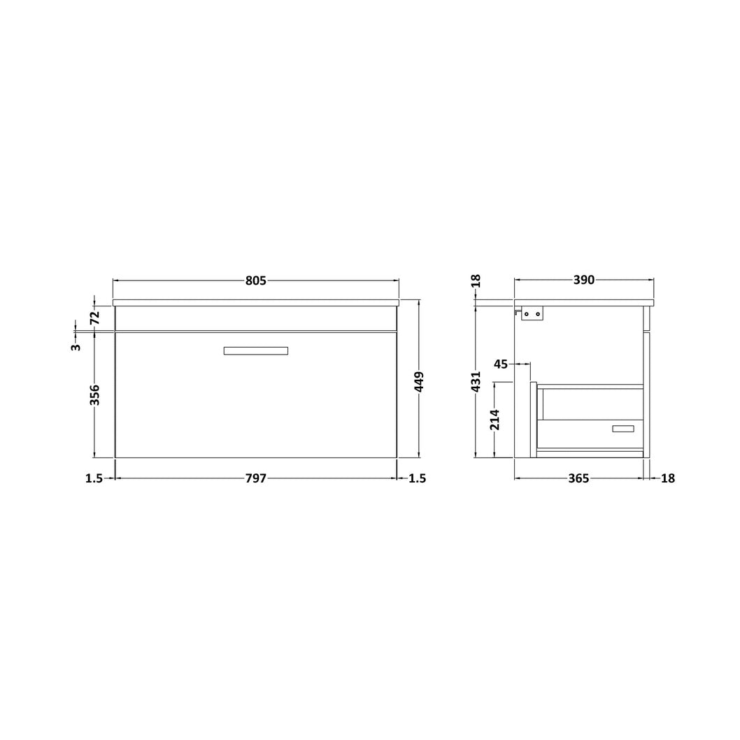 Nuie Athena 800mm Wall Hung Vanity With Worktop Contemporary Gloss White MFC Painted Gloss 448x805x390mm - JJ Building Materials