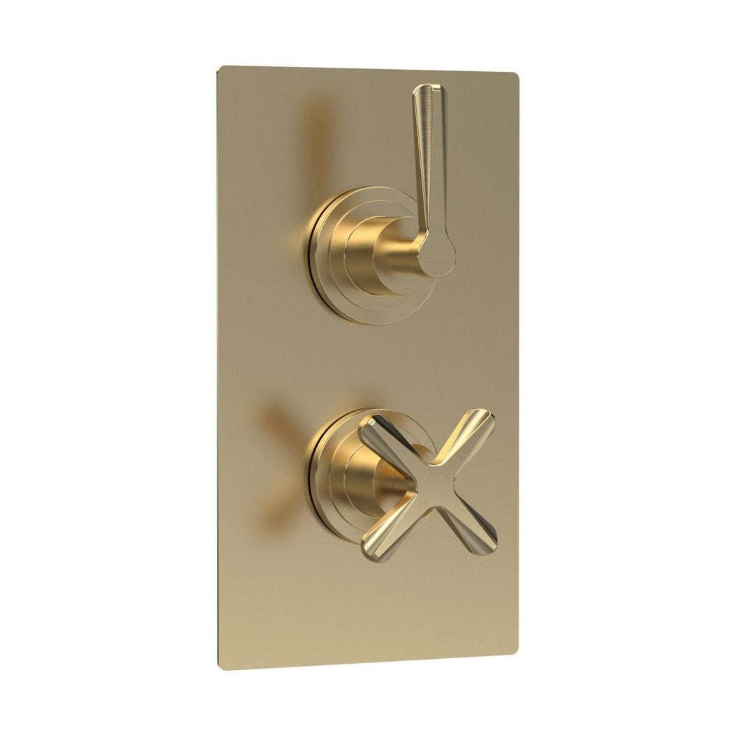 Nuie Aztec Twin Thermostatic Shower Valve Contemporary Brushed Brass Brass ABS 215x120x138mm - JJ Building Materials