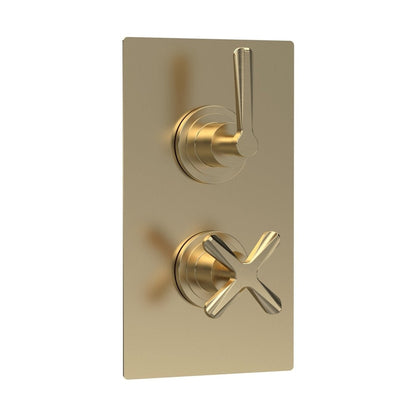 Nuie Aztec Twin Thermostatic Shower Valve Contemporary Brushed Brass Brass ABS 215x120x138mm - JJ Building Materials