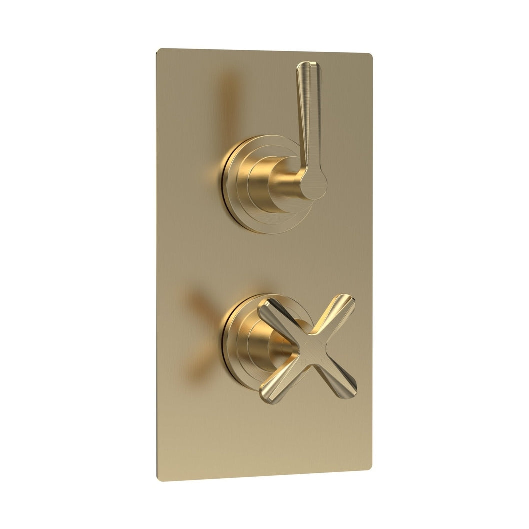 Nuie Aztec Twin Thermostatic Shower Valve With Diverter Contemporary Brushed Brass Brass ABS 215x120x138mm - JJ Building Materials