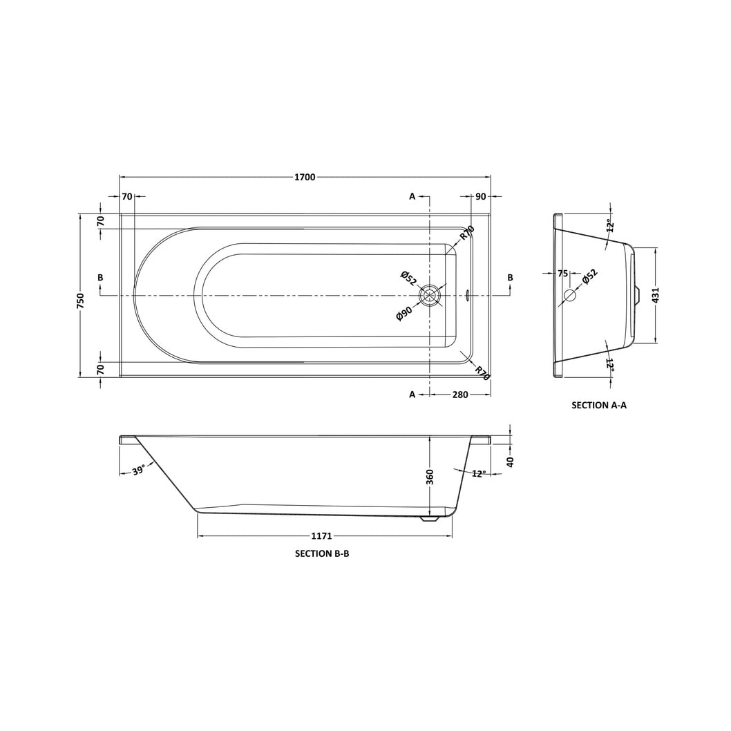 Nuie Barmby Eternalite Round Single Ended Bath 1700 X 750mm Contemporary White Acrylic Eternalite - JJ Building Materials