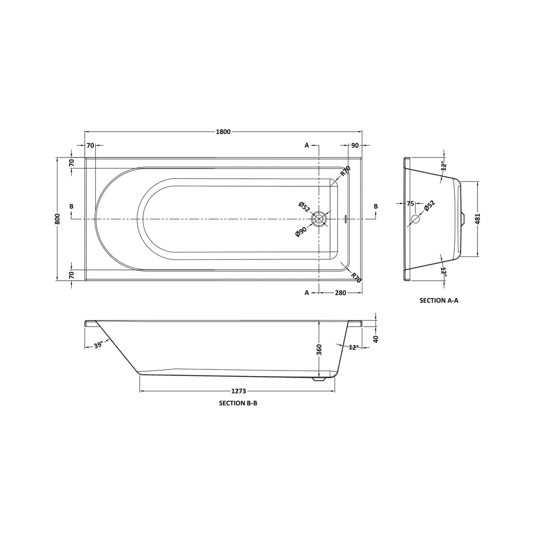 Nuie Barmby Eternalite Round Single Ended Bath 1800 X 800mm Contemporary White Acrylic Eternalite - JJ Building Materials