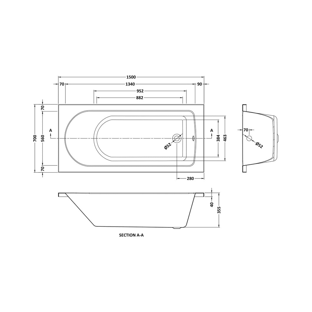 Nuie Barmby Standard Single Ended Bath 1500 X 700mm Contemporary European White Acrylic - JJ Building Materials