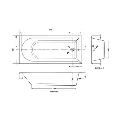Nuie Barmby Standard Single Ended Bath 1800 X 800mm Contemporary European White Acrylic - JJ Building Materials